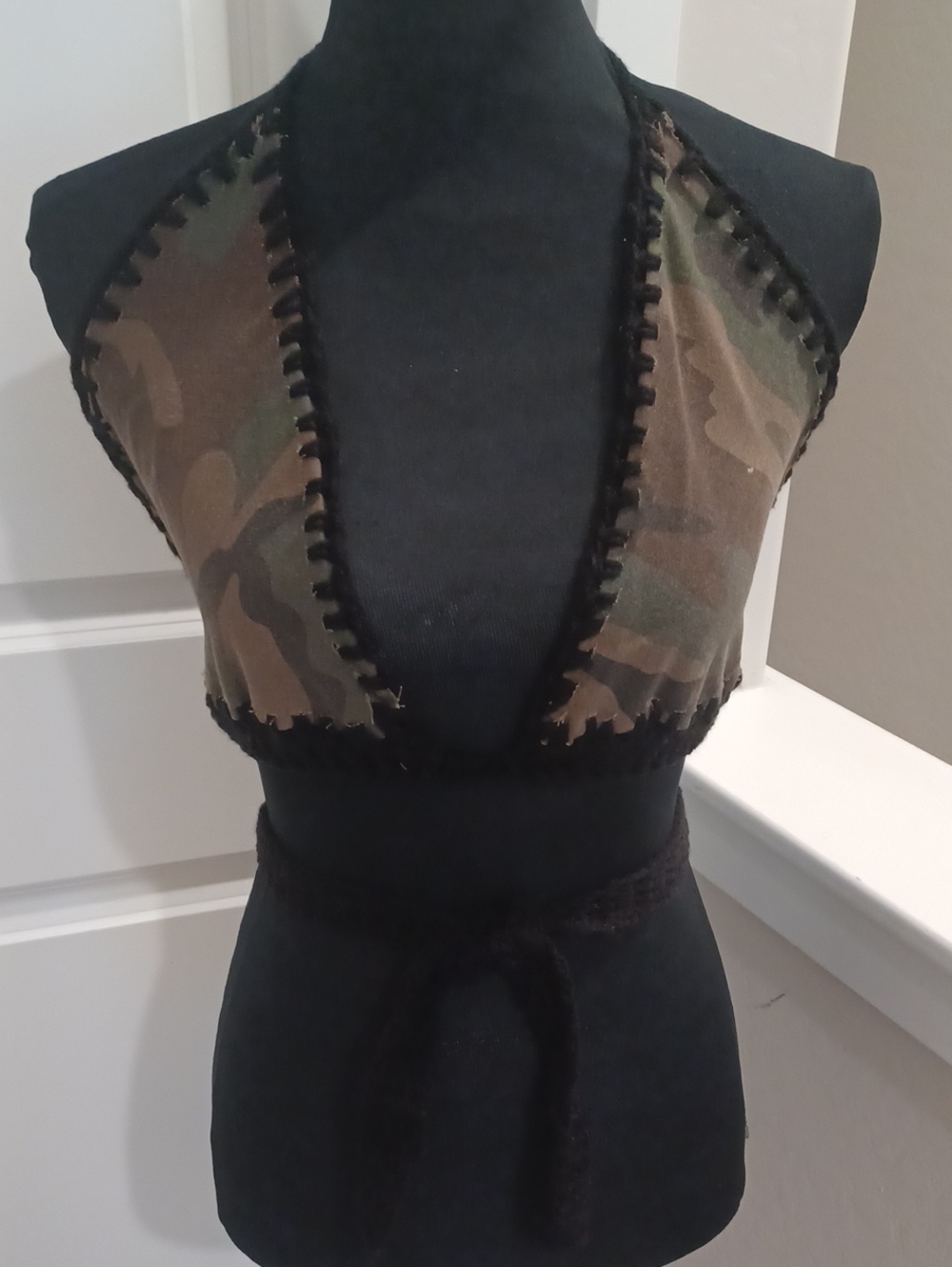 Crochet-Trim Camo Halter Tie-Back Crop Top
